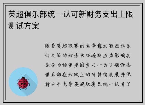 英超俱乐部统一认可新财务支出上限测试方案